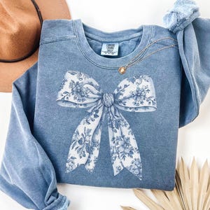 Toile De Jouy Coquette Bow Sweatshirt Comfort Colors Blue Ribbon Sweater Girly Aesthetic