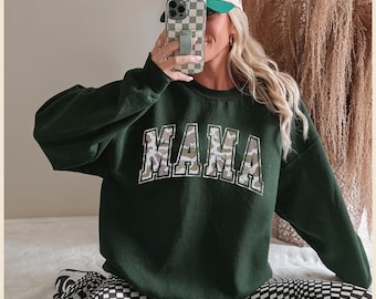 Sudadera de cuello redondo extragrande Camo Mama, sudadera para esposa cazadora, jersey de manga larga con estética de pato real, atuendo de camuflaje de otoño para mamá