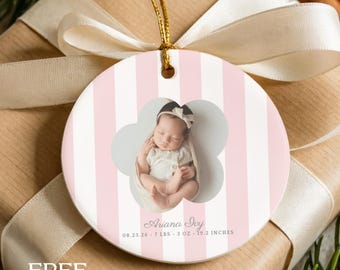 Personalized Baby Girl Photo Ornament Pink Striped Birth Announcement Ornament Custom Newborn Keepsake with Name and Birth Stats