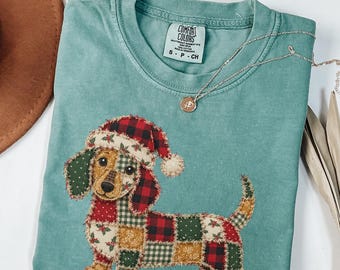 Dachshund Christmas Shirt FAUX Patchwork Dachshund Christmas Tshirt Dog Lover Gift Wiener Dog Shirt Dachshund Mom Gift Dachshund Tee