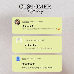 May include: Image featuring customer reviews with the heading "CUSTOMER Reviews." Three reviews are displayed in light yellow boxes. The reviews include customer names, dates, star ratings, and comments about product quality and shipping.