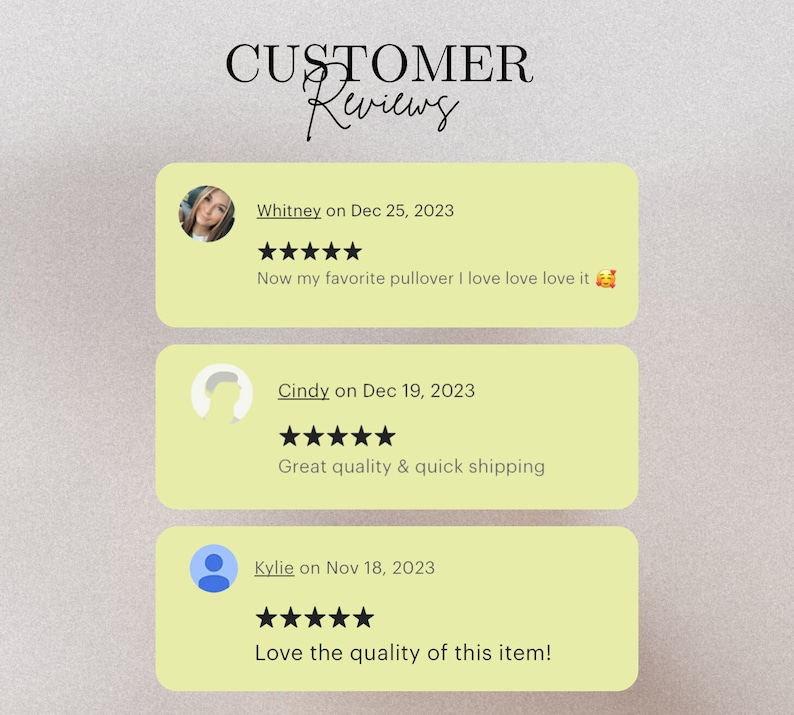 May include: Image featuring customer reviews with the heading "CUSTOMER Reviews." Three reviews are displayed in light yellow boxes. The reviews include customer names, dates, star ratings, and comments about product quality and shipping.