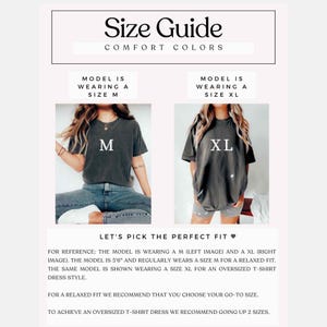 May include: Size guide for t-shirts with two models wearing different sizes. The model on the left is wearing a size M and the model on the right is wearing a size XL. The text says "Let's pick the perfect fit." and provides sizing recommendations for a relaxed fit and an oversized t-shirt dress style.