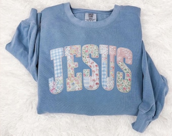 Felpa patchwork con Gesù, felpa cristiana da donna, colori comodi, girocollo, pullover alla moda con motivi religiosi, regalo religioso per lei