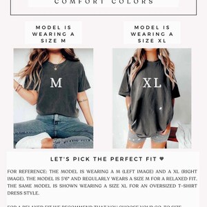 May include: Size guide for a t-shirt dress. The model is wearing a size M and a size XL. The text reads "Let's pick the perfect fit."  For a relaxed fit, choose your go-to size. To achieve an oversized t-shirt dress, go up two sizes.