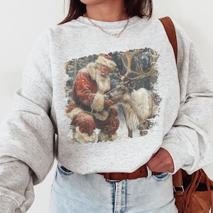 Vintage Inspired Christmas Sweatshirt Retro Santa Crewneck Santa Claus Sweater Reindeer Sweatshirt Holiday Apparel
