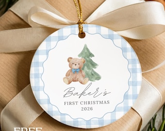 Baby Boy First Christmas Ornament Teddy Bear Personalized Newborn Name Keepsake Ornament 2026 Gingham