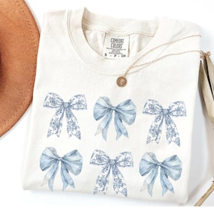 Toile Bow Shirt Blue Coquette Tshirt Cute Ribbon Tee Comfort Colors Shirt Girly Girl Aesthetic Gift for Her