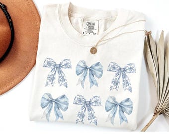 Toile Bow Shirt Blue Coquette Tshirt Cute Ribbon Tee Comfort Colors Shirt Girly Girl Aesthetic Gift for Her