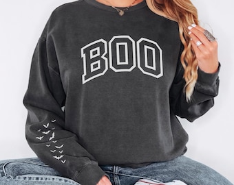 Boo-tröja, fladdermus, halloween, rund hals, varsity-bokstäver, läskiga säsongen, hoodie, ärm, tryck, tröja, höstgåva