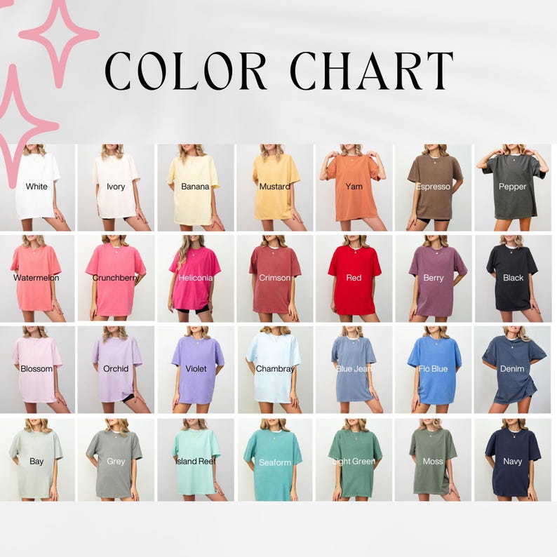 May include: A color chart displaying various t-shirt colors, including white, ivory, banana, mustard, yam, espresso, pepper, watermelon, crunchberry, heliconia, crimson, red, berry, black, blossom, orchid, violet, chambray, blue jean, flo blue, denim, bay, grey, island reef, seaform, light green, moss, and navy.