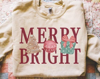 Merry Bright Christmas Sweatshirt Gingerbread Tree Holiday Crewneck Cute Christmas Graphic Sweatshirt for Women Trendy