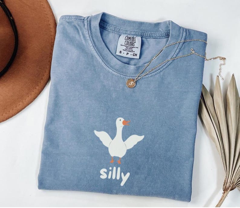 May include: A light blue t-shirt with a white goose graphic and the word "silly" printed below. The shirt is made of a soft, comfortable material.