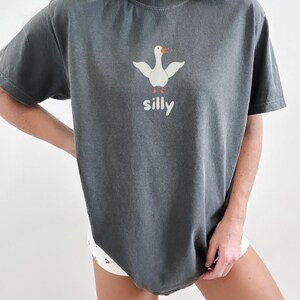 May include: A dark gray oversized t-shirt with a white goose graphic and the word "silly" printed below it.