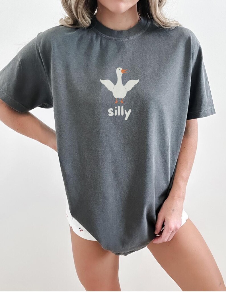 May include: A dark gray oversized t-shirt with a white goose graphic and the word "silly" printed below it.