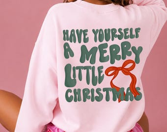 Merry Little Christmas Sweatshirt Coquette Bow Christmas Crewneck Front and Back Holiday Sweatshirt Cute Christmas Gift for Her
