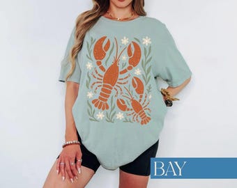 Camiseta de langosta, estilo retro, colores cómodos, moderna, estilo pescador, estética, camisetas gráficas para mujer, estilo náutico.