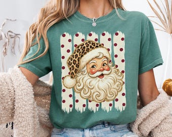 Comfort Colors Santa Shirt Leopard Christmas Tshirt Stripes Holiday Graphic Tee Women's Trendy Shirt Polka Dot