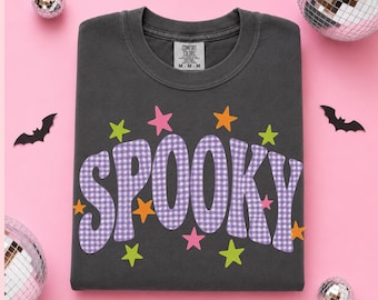 Cute Halloween Shirt Spooky Graphic Tee Pastel Halloween Shirt Pink Purple Gingham Trendy Fall Comfort Colors Tee Preppy
