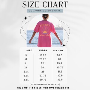 May include: Size chart for a pink t-shirt with the text "Sunset Lover Club" and a graphic of a sunset. The chart shows the width and length measurements in inches for sizes S through 4XL.