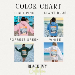 May include: Color chart showing different hoodie colors with a graphic print of a palm tree and the text "salty, windblown, sunshine". The colors shown are light pink, light blue, forrest green, white, and black.