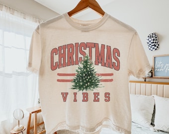 Christmas Vibes crop shirt retro varsity kerstt-shirt kerstboom grafisch T-shirt vintage geïnspireerd vakantieseizoen shirt