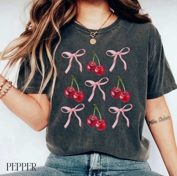Coquette Cherry Bow Graphic Tee Soft Girl Aesthetic Girly Girl Tshirt Ribbon Shirt for Women Social Club Tee Trendy Y2K Coquette Shirt