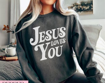Trendy christliches Sweatshirt Jesus liebt dich Pullover Bibel Vers Rundhalsausschnitt ästhetische Womens Glaube Bekleidung Retro Komfort Farben Sweatshirt