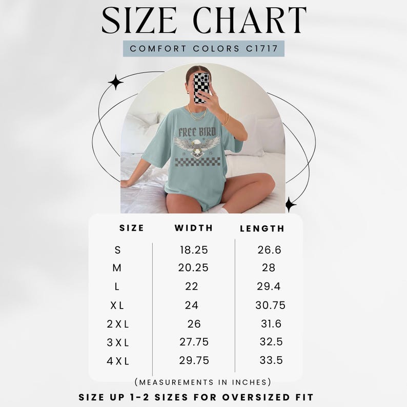 May include: Size chart for a t-shirt with the text "Free Bird" and a graphic of an eagle with checkered pattern. The chart shows sizes S through 4XL with corresponding width and length measurements in inches.