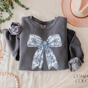 Toile De Jouy Coquette Bow Sweatshirt Comfort Colors Blue Ribbon Sweater Girly Aesthetic