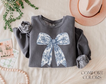 Toile De Jouy Coquette Bow Sweatshirt Comfort Colors Blue Ribbon Sweater Girly Aesthetic