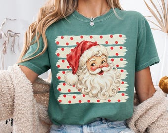 Trendy Santa Shirt Stripe Christmas Graphic Tee Polka Dot Santa T-Shirt Retro Holiday Shirt for Women