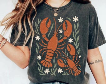 Camiseta de langosta, estilo retro, colores cómodos, moderna, estilo pescador, estética, camisetas gráficas para mujer, estilo náutico.