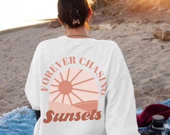 Sudadera Forever Chasing Sunsets, suéter retro de playa, sudadera de gran tamaño con cuello redondo de verano, sudadera con capucha estilo bohemio con puesta de sol