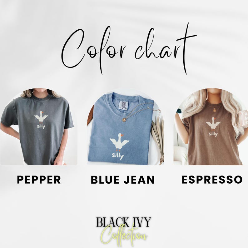 May include: Color chart showing three t-shirts with a goose graphic and the word "silly" on each. The t-shirts are in the colors pepper, blue jean, and espresso.