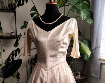 1950s Vintage White Satin Dress (S)