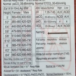 May include: A white card with black text detailing ventilation parameters. Includes normal respiratory rates, ABG values, and formulas for minute ventilation and deadspace. Measurements are in imperial units.