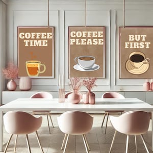 Conjunto de pôsteres de café marrom – Decoração de parede de cozinha minimalista com citações – Hora do café, mas primeiro, café, por favor – Download digital