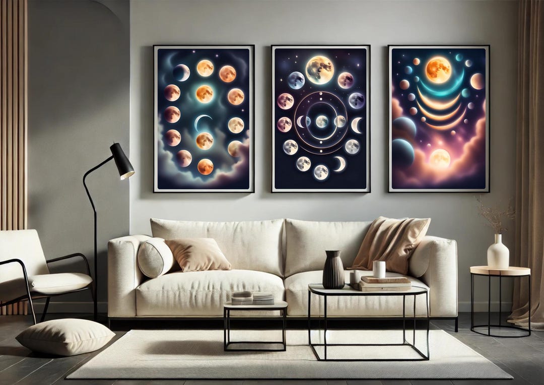 Moon Phases Art – Celestial Navy & Gold Prints, Lunar Cycle Poster Set ...