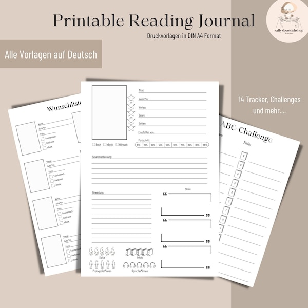 Printable Reading Journal, Druckvorlage Lesetagebuch, Lesetracker, Lesechallenges