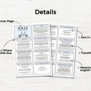 May include: A guide to Islamic prayers for the Hajj pilgrimage. The guide includes the Arabic text, transliteration, and English translation of the prayers. The guide is divided into sections for different stages of the pilgrimage, such as entering Makkah, approaching Safa, and the first sight of the Kaaba.