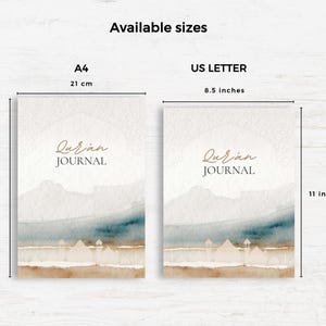 May include: Two Quran Journal covers featuring a watercolor landscape with a mosque silhouette. The A4 size measures 21 cm by 29.7 cm, and the US Letter size measures 8.5 inches by 11 inches. The text reads Quran Journal in a script and serif font.