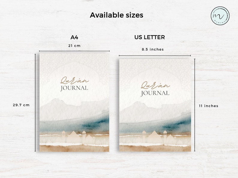May include: Two Quran Journal covers featuring a watercolor landscape with a mosque silhouette. The A4 size measures 21 cm by 29.7 cm, and the US Letter size measures 8.5 inches by 11 inches. The text reads Quran Journal in a script and serif font.