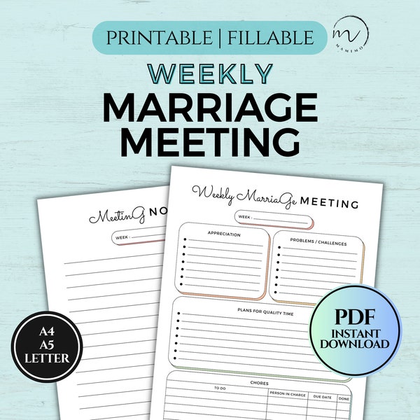 Weekly Marriage Meeting Template, Partners Communication Workbook, Couples Therapy Worksheets, Couples Activity, Printable & Fillable PDF