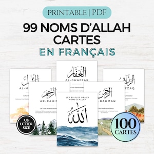 99 Namen von Allah Karte mit Bedeutung in Französisch, Asmaul Husna Cartes en Français, Noms d'Allah Cartes, Gebetskarten, Islamische Dekor PDF