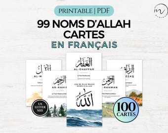 99 Namen von Allah Karte mit Bedeutung in Französisch, Asmaul Husna Cartes en Français, Noms d'Allah Cartes, Gebetskarten, Islamische Dekor PDF