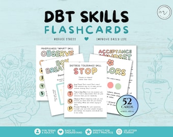 Könnte beinhalten: Ein Set aus 52 DBT Skills Lernkarten mit vier Kompetenzbereichen. Die Karten enthalten Texte wie Mindfulness What Skill Observe, Box Breathing, Distress Tolerance Skill Stop und Acceptance Mindset mit farbigen Überschriften.