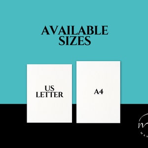 May include: Two white cards with black text on a turquoise background. The text on the cards reads "US Letter" and "A4". The text "AVAILABLE SIZES" is above the cards.