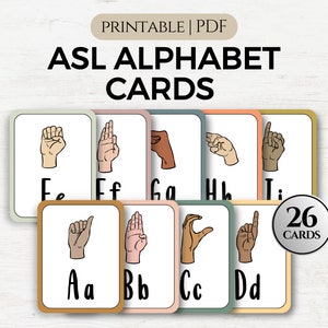 May include: Printable PDF cards featuring the American Sign Language alphabet. Each card has a different letter, a hand sign illustration, and the letter in lowercase. There are 26 cards in total.