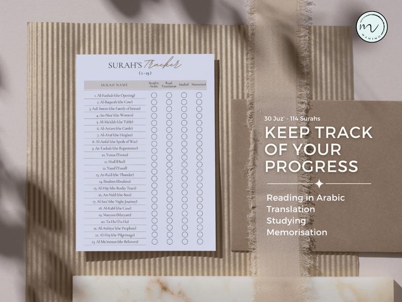 May include: A white paper Surah's Tracker list with columns for reading, translation, studying, and memorization. Next to it, a brown card features the text: 30 Juz - 114 Surahs, KEEP TRACK OF YOUR PROGRESS, Reading in Arabic, Translation, Studying, Memorisation.